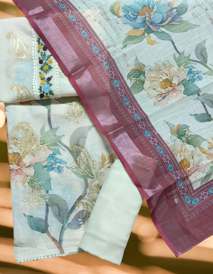 UNSTICHED ROYAL CREAM CHANDARI COTTON SUIT