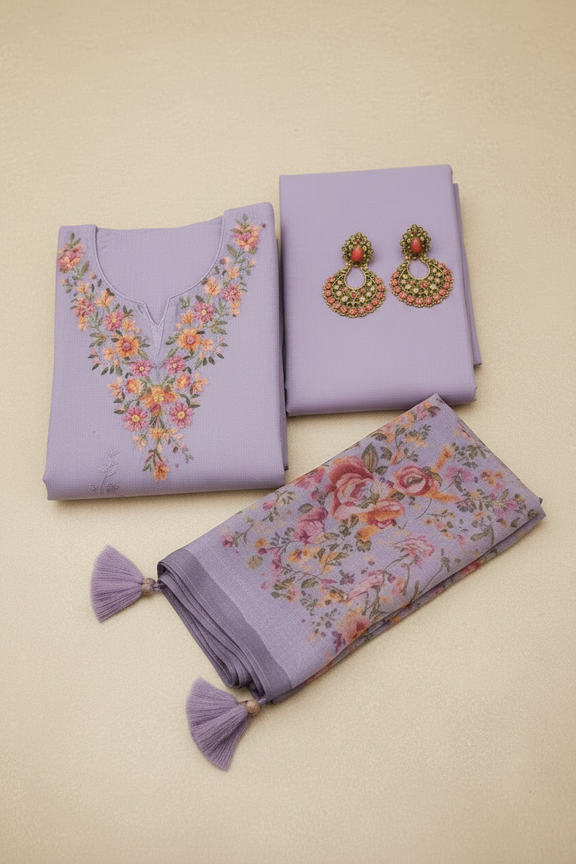 Lavender Dress Material with Single Earring Pair