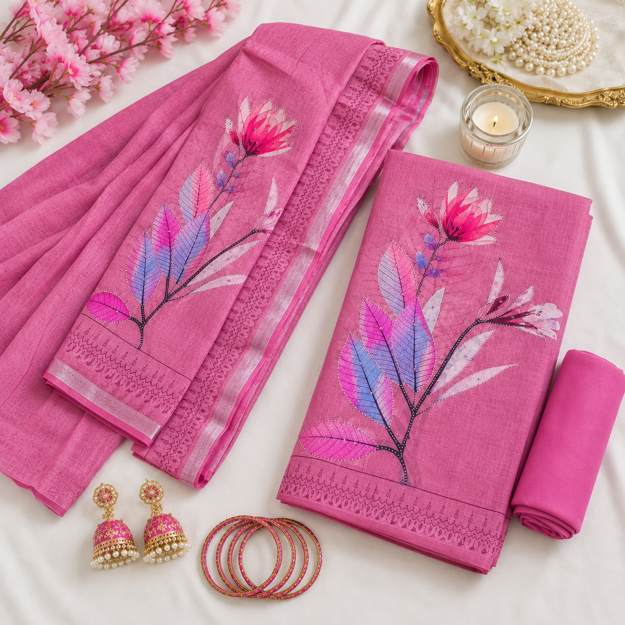 UNSTICHED PINK CHANDERI COTTON SUIT WITH FLORAL PRINT