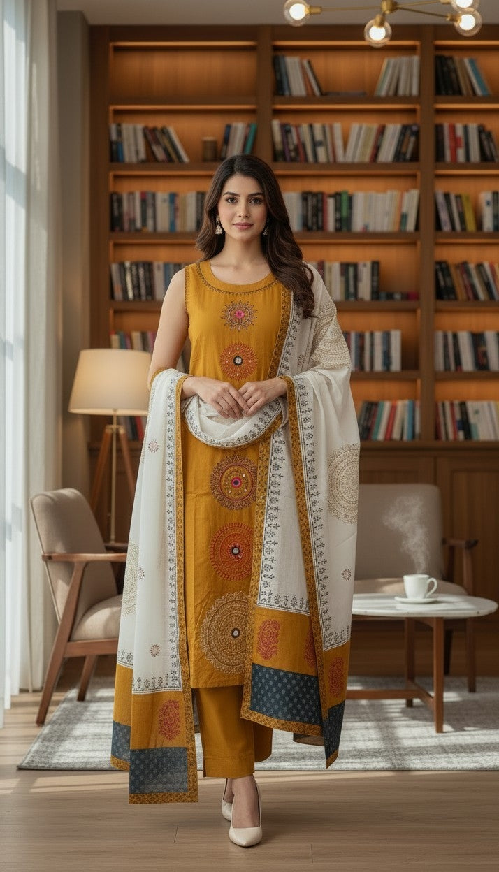 MUSTARD YELLOW SUIT WITH MIRROR WORK-3PC SET (READY TO WEAR)