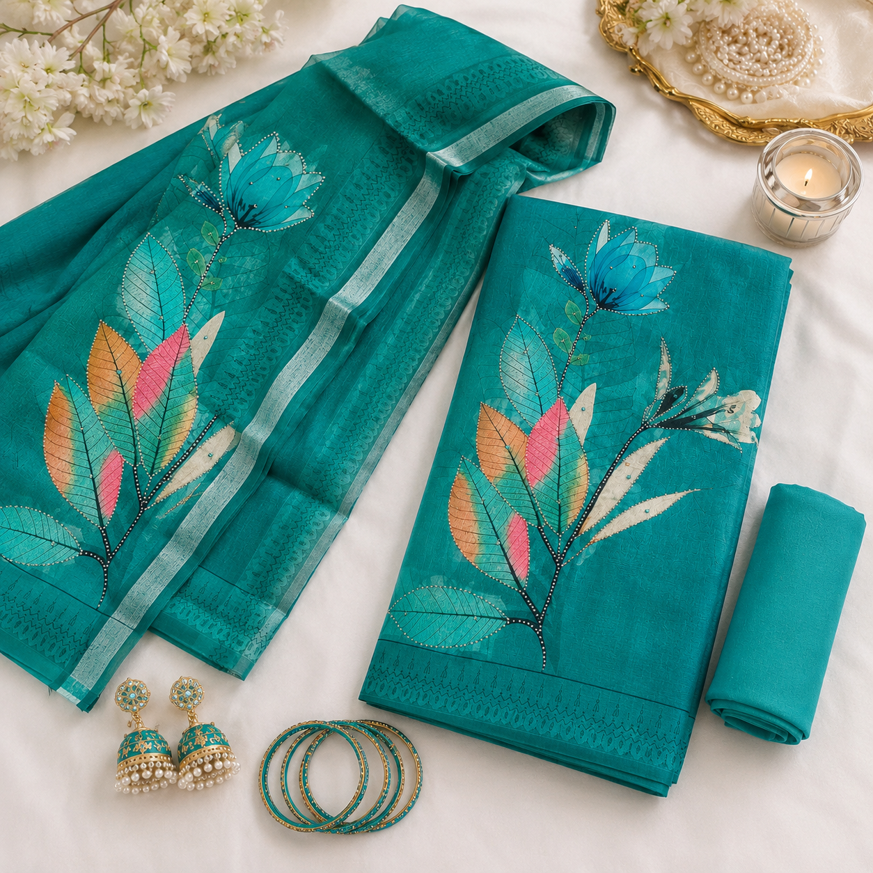 UNSTICHED AQUA GREEN CHANDERI COTTON SUIT WITH FLORAL PRINT