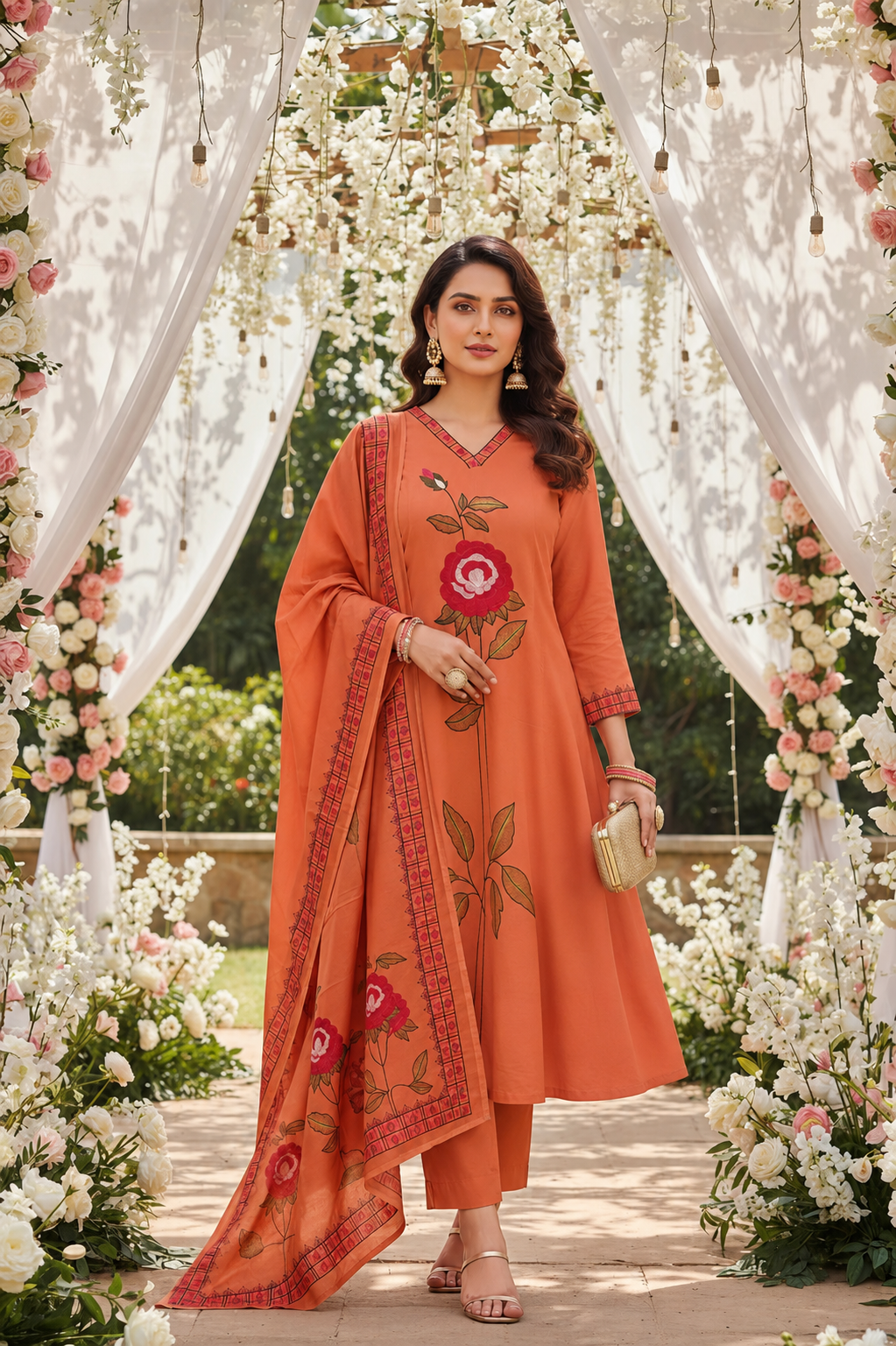 RUST PEACH A-LINE SUIT WITH TROUSER-3PC SET (READY TO WEAR)