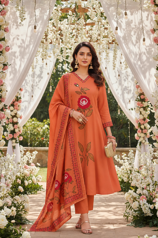 RUST PEACH A-LINE SUIT WITH TROUSER-3PC SET (READY TO WEAR)