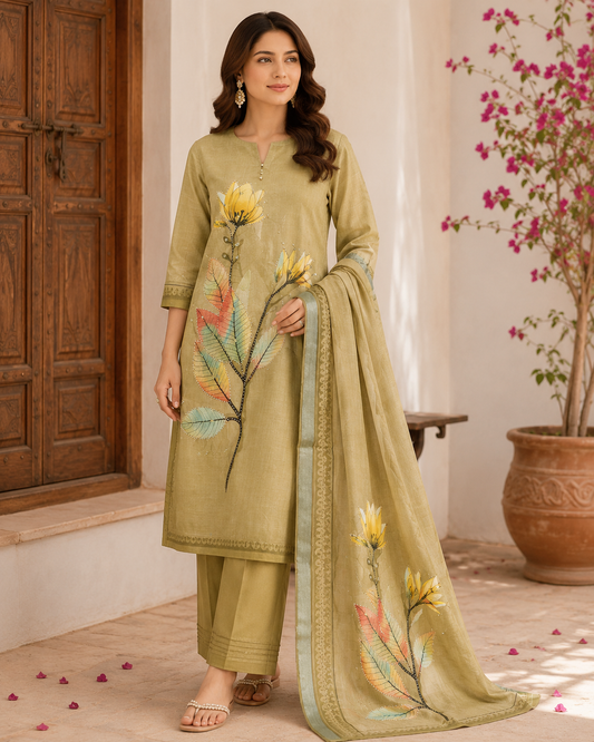 UNSTICHED SAGE OLIVE CHANDERI COTTON SUIT WITH FLORAL PRINT