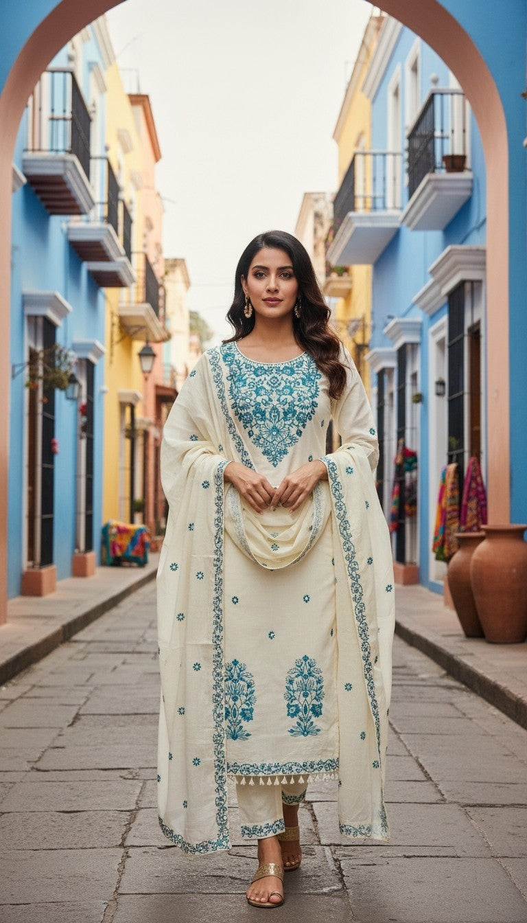 OFF WHITE SUIT WITH HANDWORK-3PC SET (READY TO WEAR)