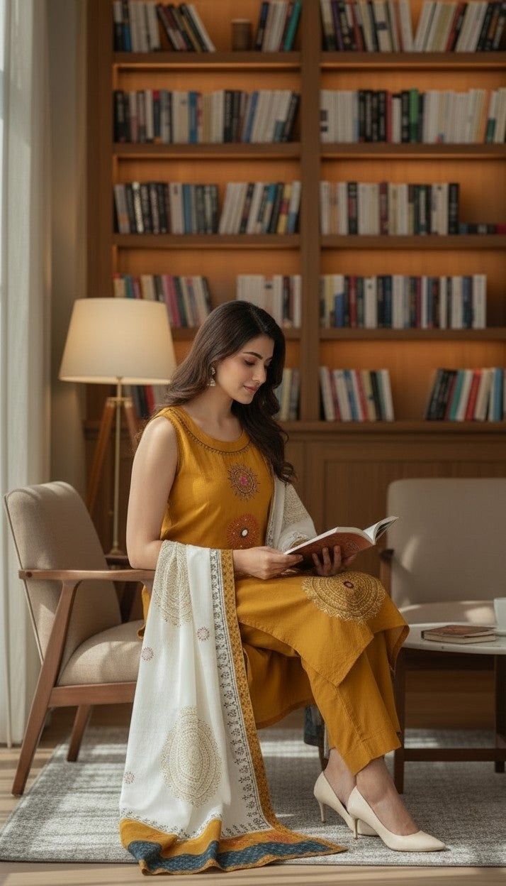 MUSTARD YELLOW SUIT WITH MIRROR WORK-3PC SET (READY TO WEAR)