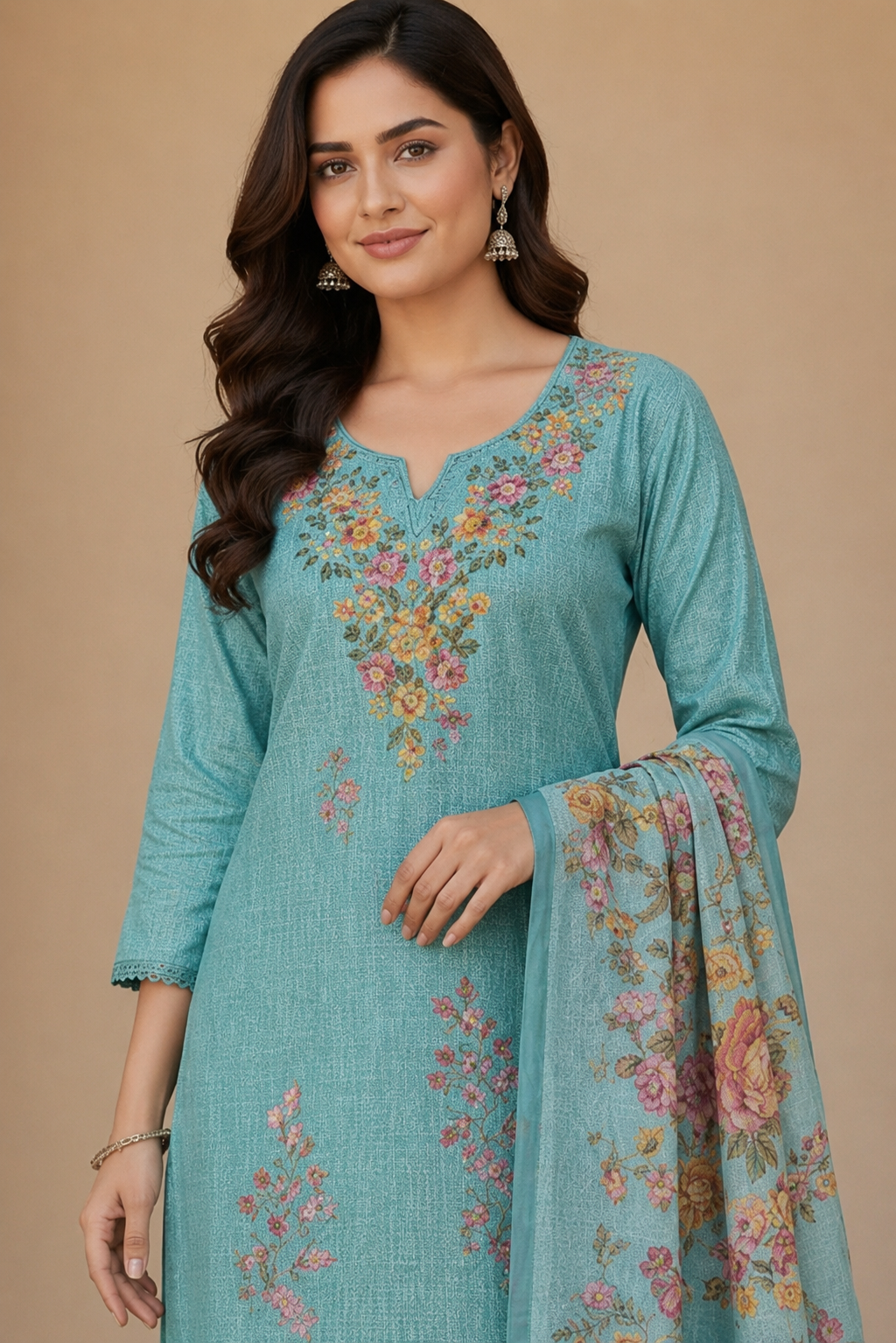 UNSTICHED SKY MIST LINEN SUIT WITH HANDWORK ON NECK