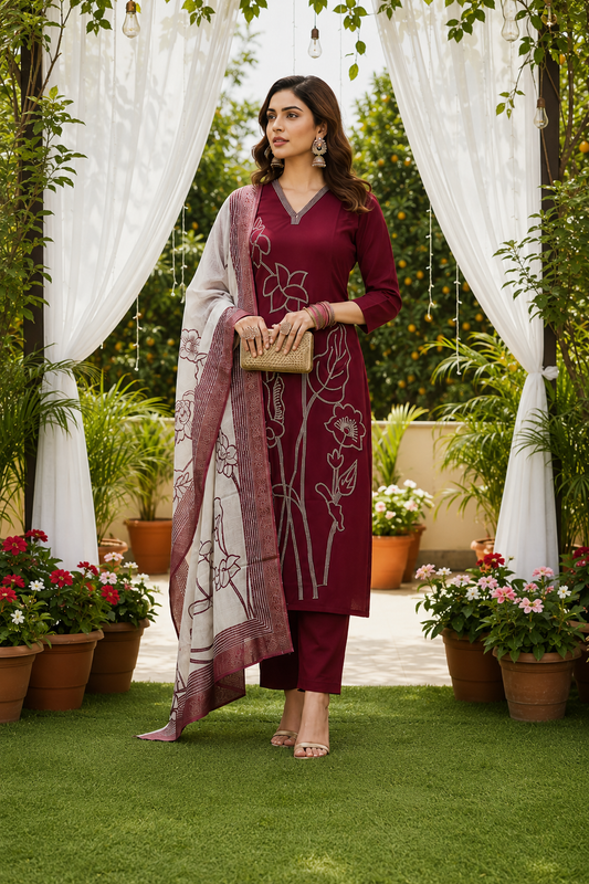 MULBERRY WINE SUIT WITH TROUSER-3PC SET (READY TO WEAR)