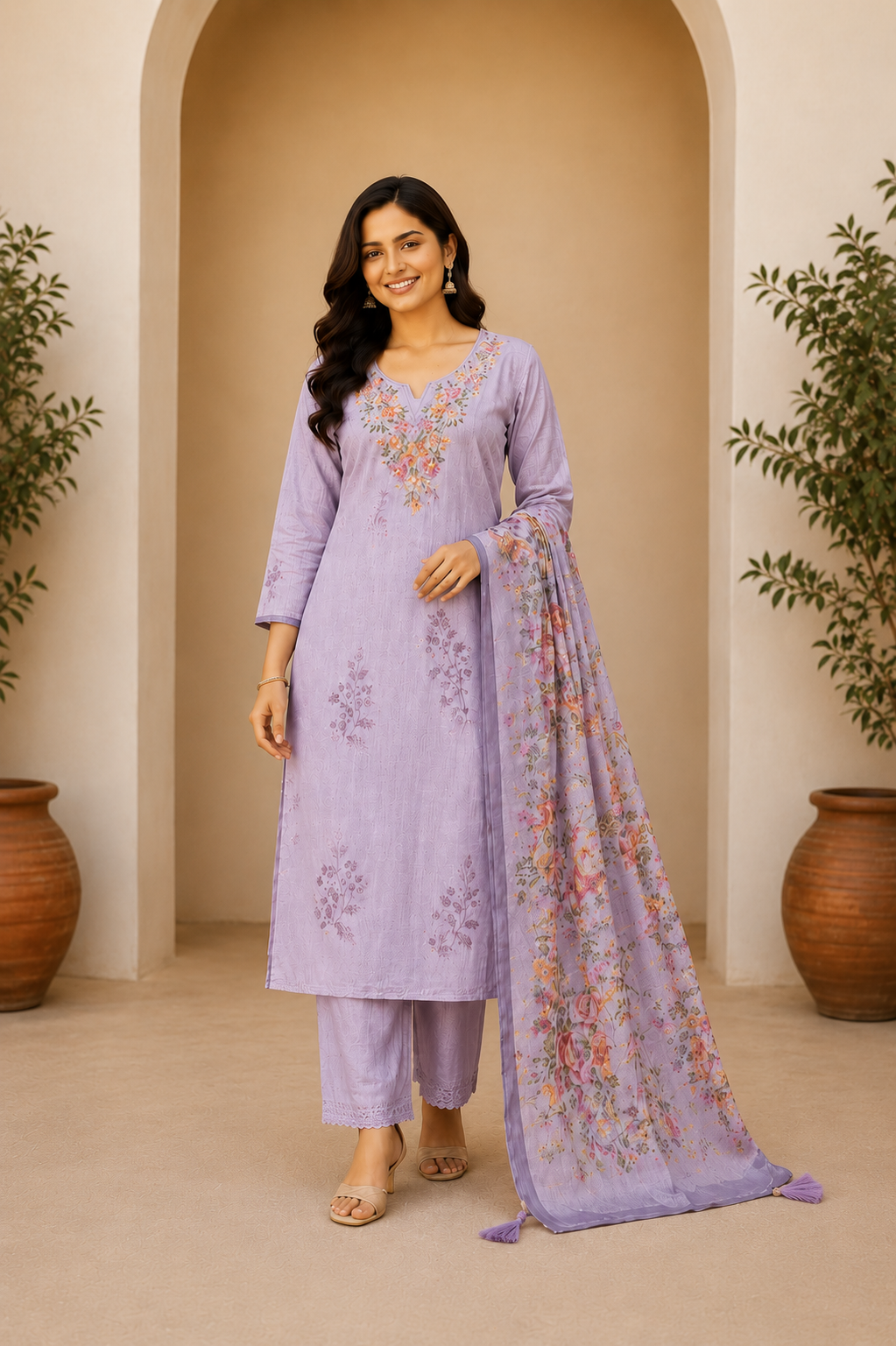 UNSTICHED LAVENDER MIST LINEN SUIT WITH HANDWORK ON NECK