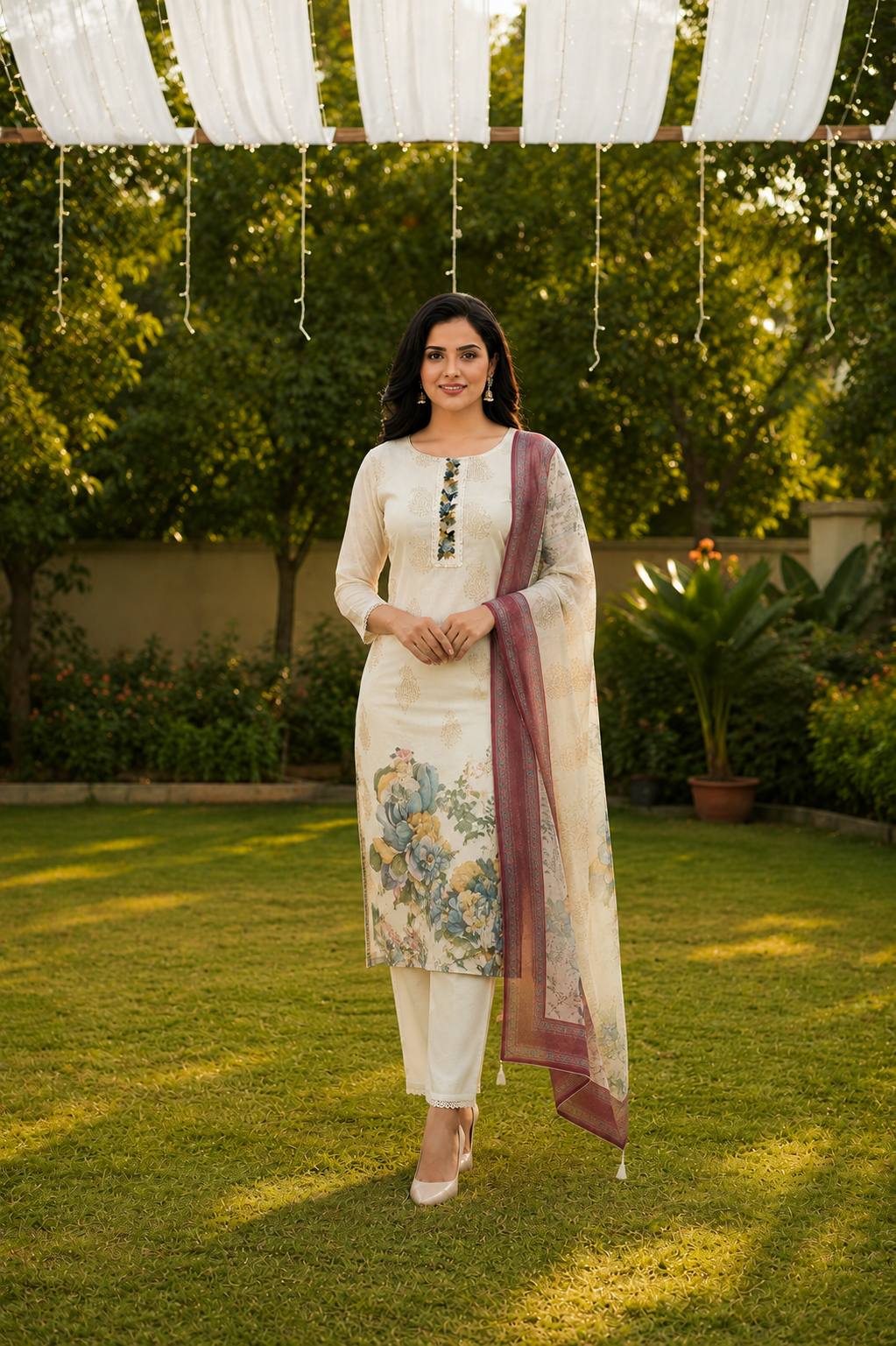 UNSTICHED ROYAL CREAM CHANDARI COTTON SUIT