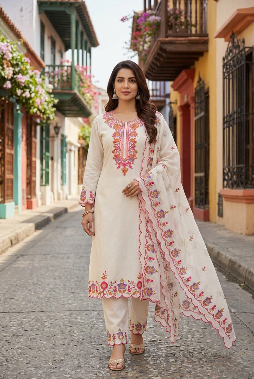 Women's OFF WHITE Cotton Suit Set 3PC - Ready To Wear