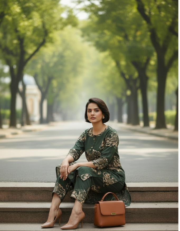 GREEN A LINE SUIT WITH TROUSER-2PC SET (READY TO WEAR)