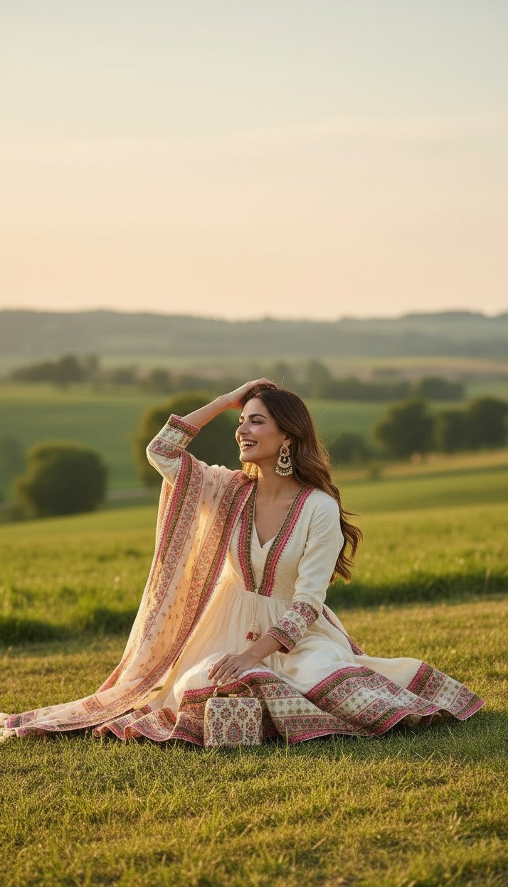 Women's Beige A-Line Cotton Suit 3PC - Ready To Wear