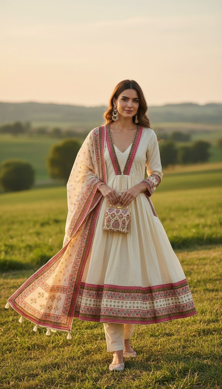 Women's Beige A-Line Cotton Suit 3PC - Ready To Wear