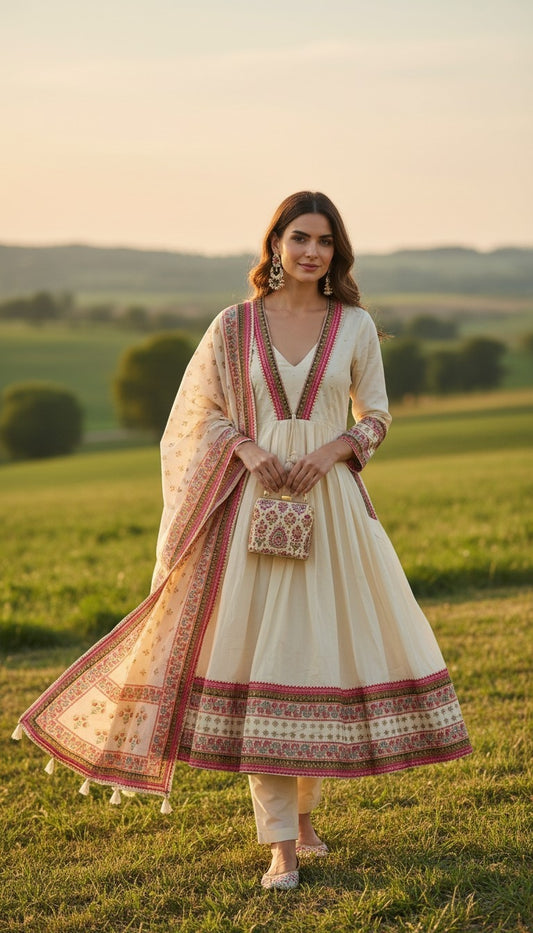 Women's Beige A-Line Cotton Suit 3PC - Ready To Wear