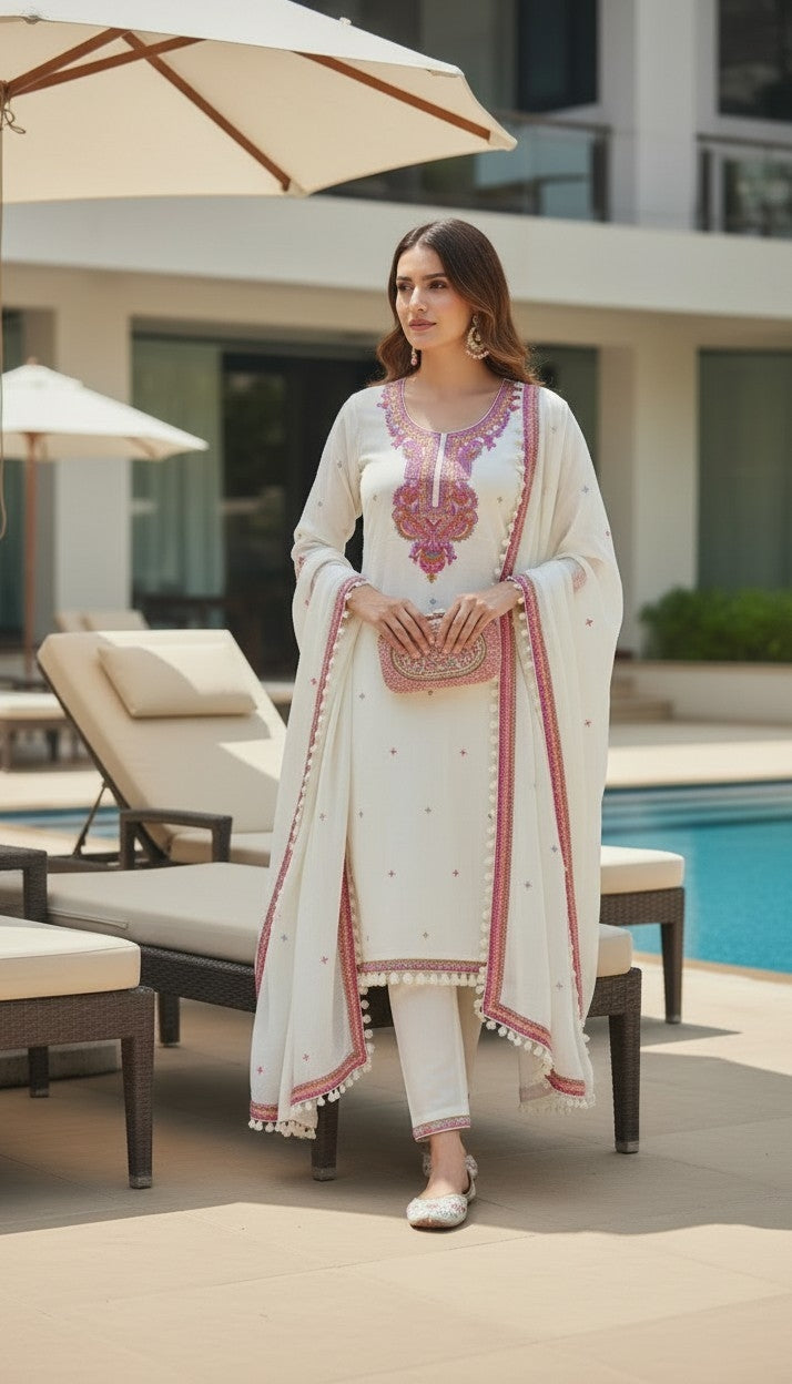 OFF WHITE COTTON SUIT SET-3PC(READY TO WEAR)