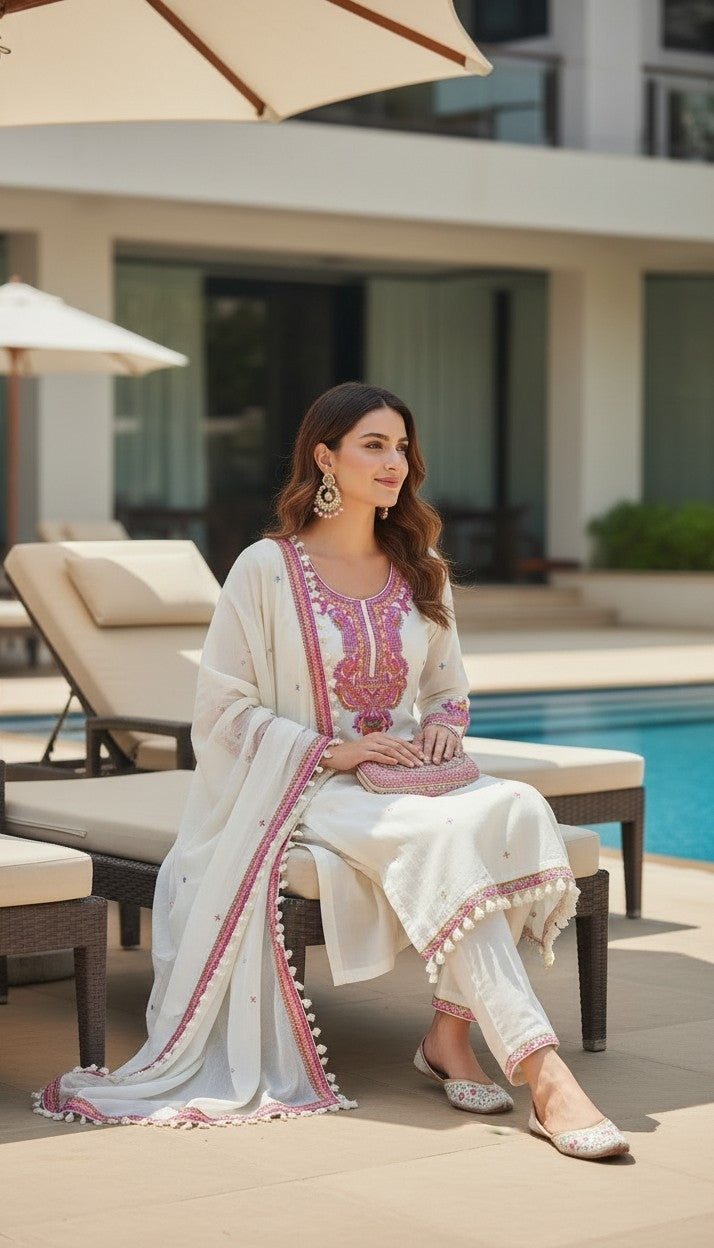 OFF WHITE COTTON SUIT SET-3PC(READY TO WEAR)
