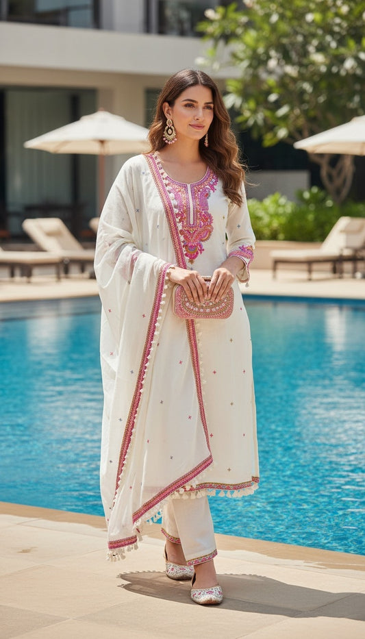Women's Off White Cotton Suit Set 3PC - Ready To Wear