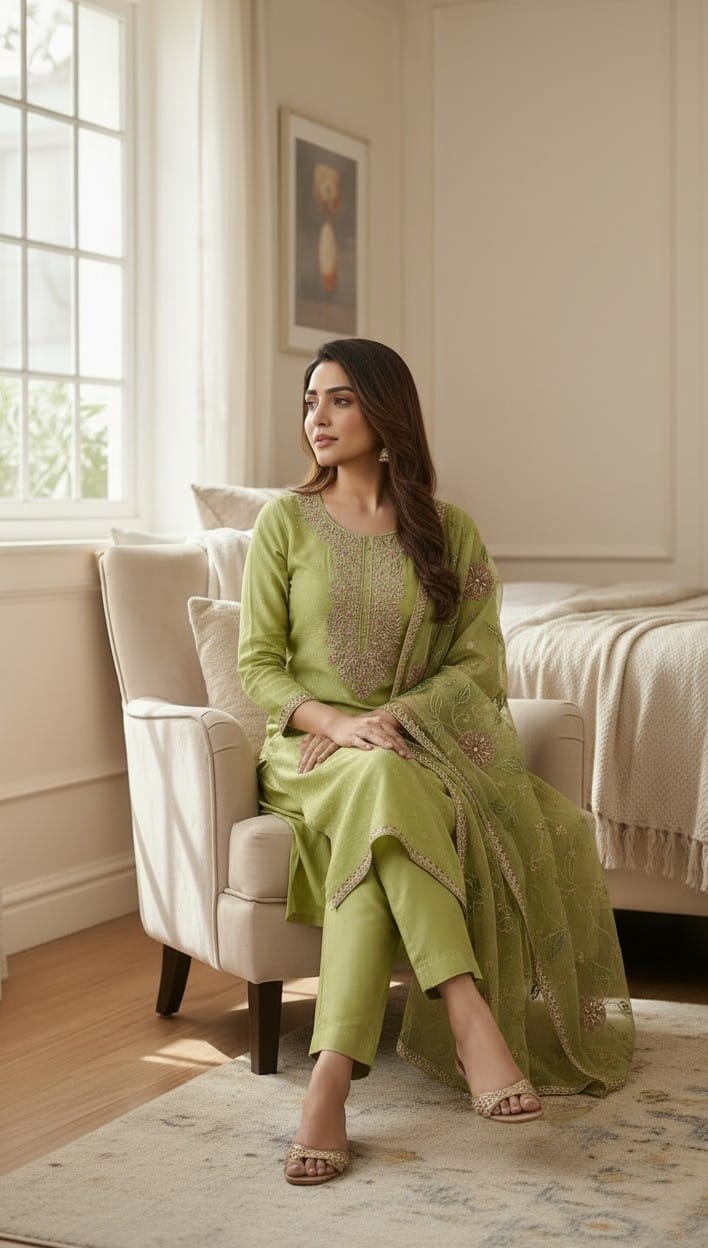 Women's Sawan Green Suit- Unstiched