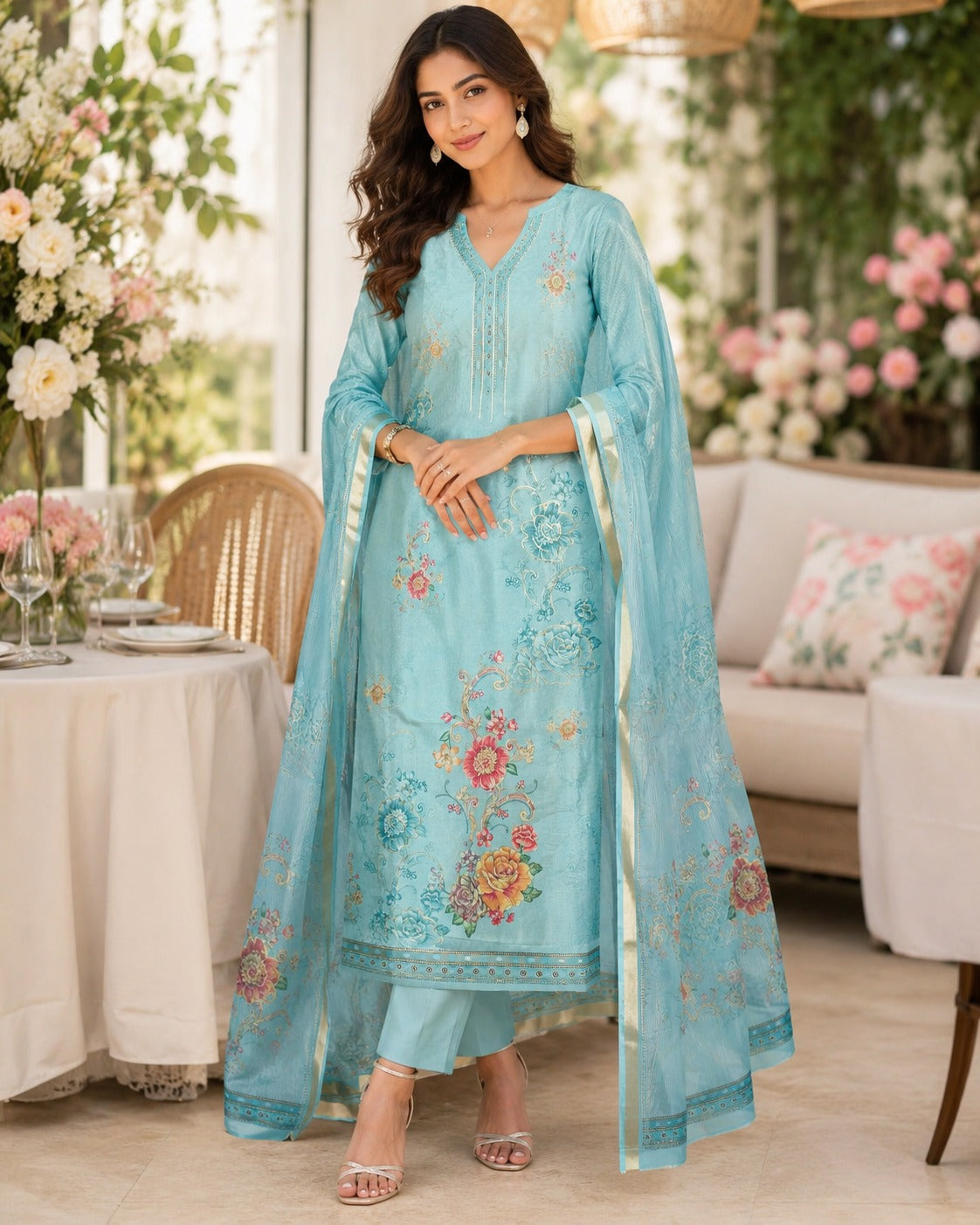 UNSTICHED ICE BLUE TISSUE SUIT WITH FLORAL PRINT