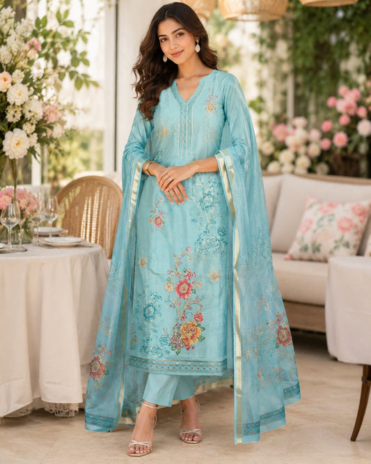 UNSTICHED ICE BLUE TISSUE SUIT WITH FLORAL PRINT