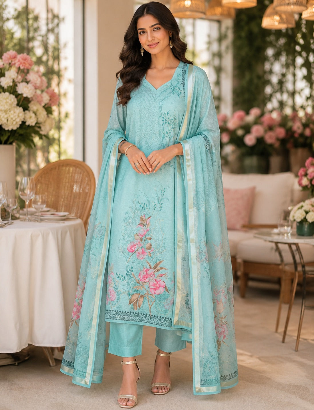 UNSTICHED MINT AQUA GREEN TISSUE SUIT WITH FLORAL PRINT