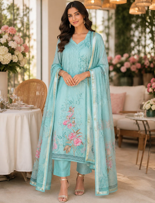 UNSTICHED MINT AQUA GREEN TISSUE SUIT WITH FLORAL PRINT