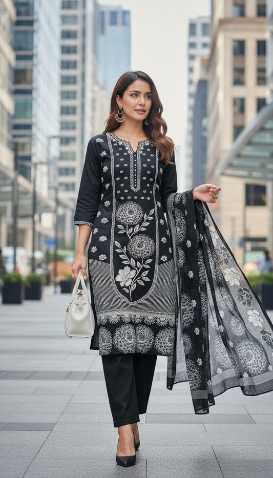 BLACK SUIT WITH FLORAL PRINT-3PC(READY TO WEAR)
