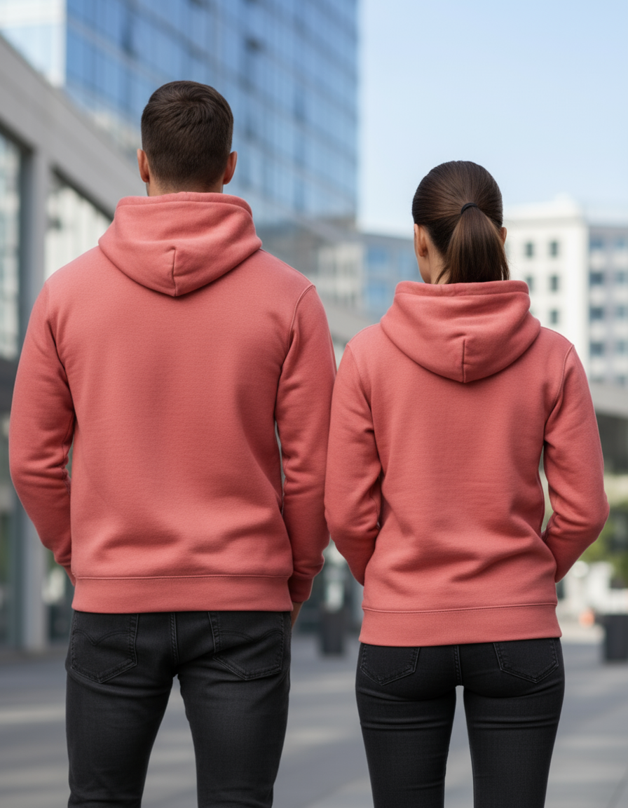 Back view of coral pink hoodies