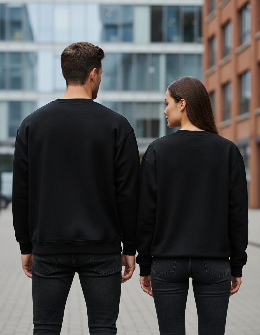 Back view of couple in black oversized sweatshirts