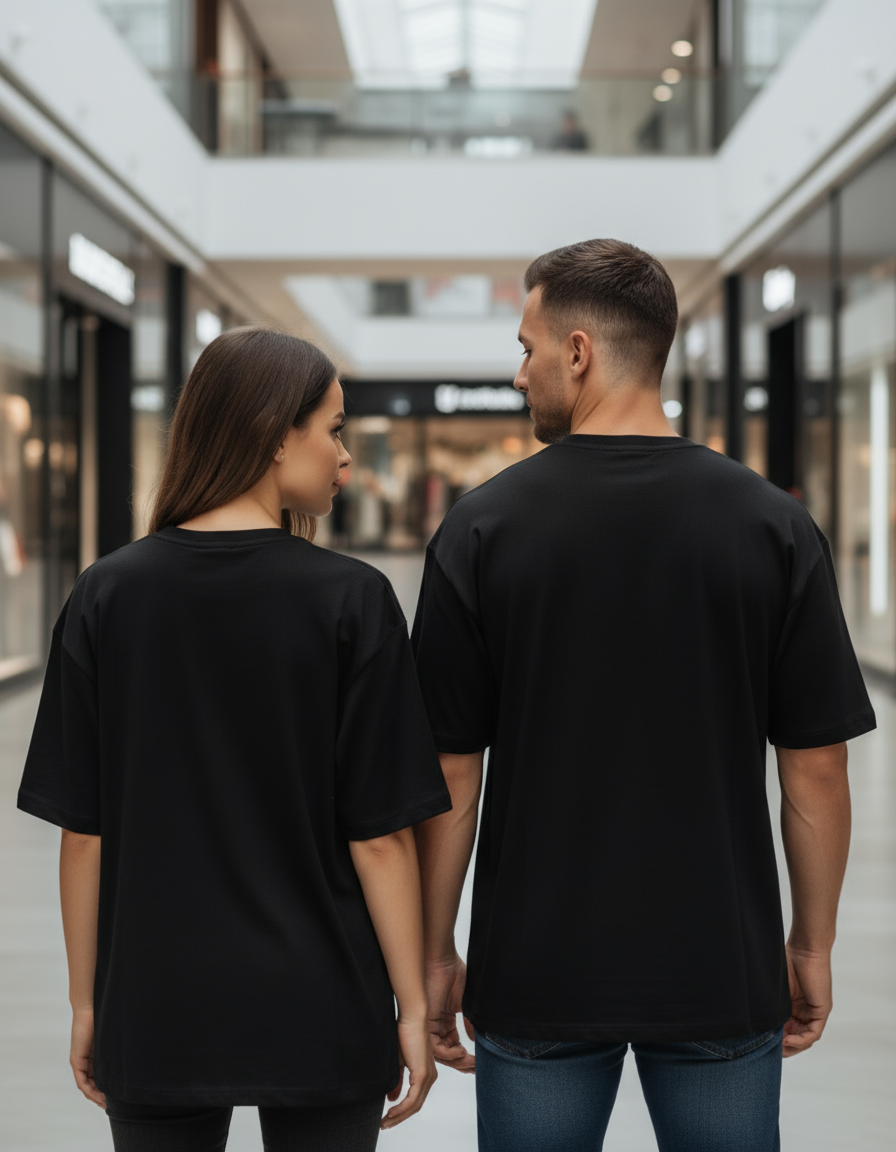 Back view of couple in black oversized t-shirts