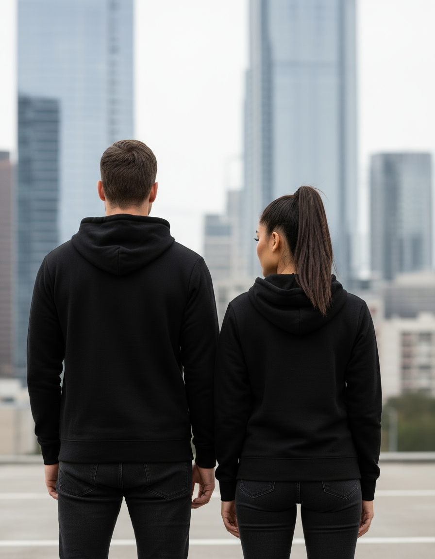 Back view of couple in black zip-up hoodies