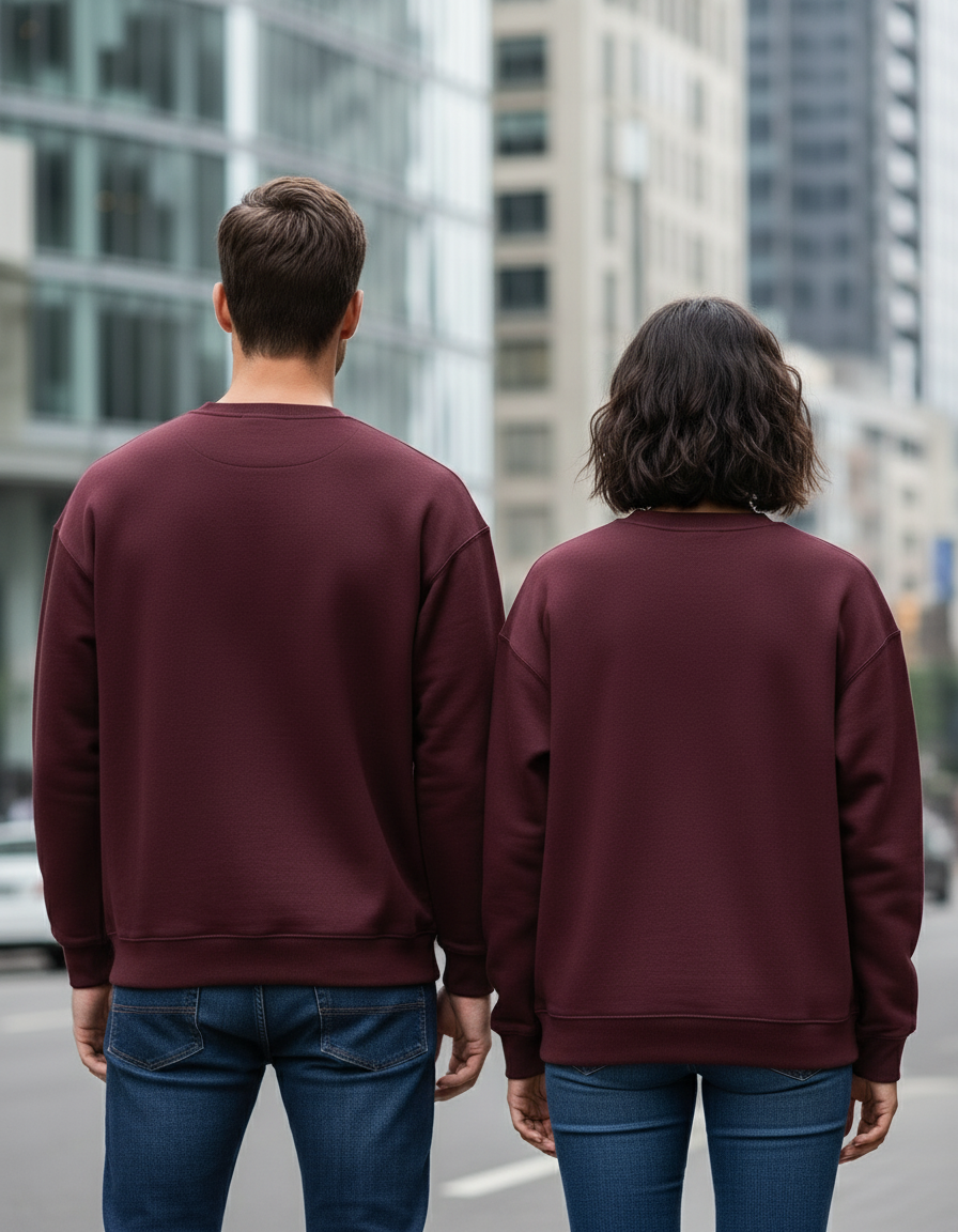 Back view of couple in burgundy oversized sweatshirts