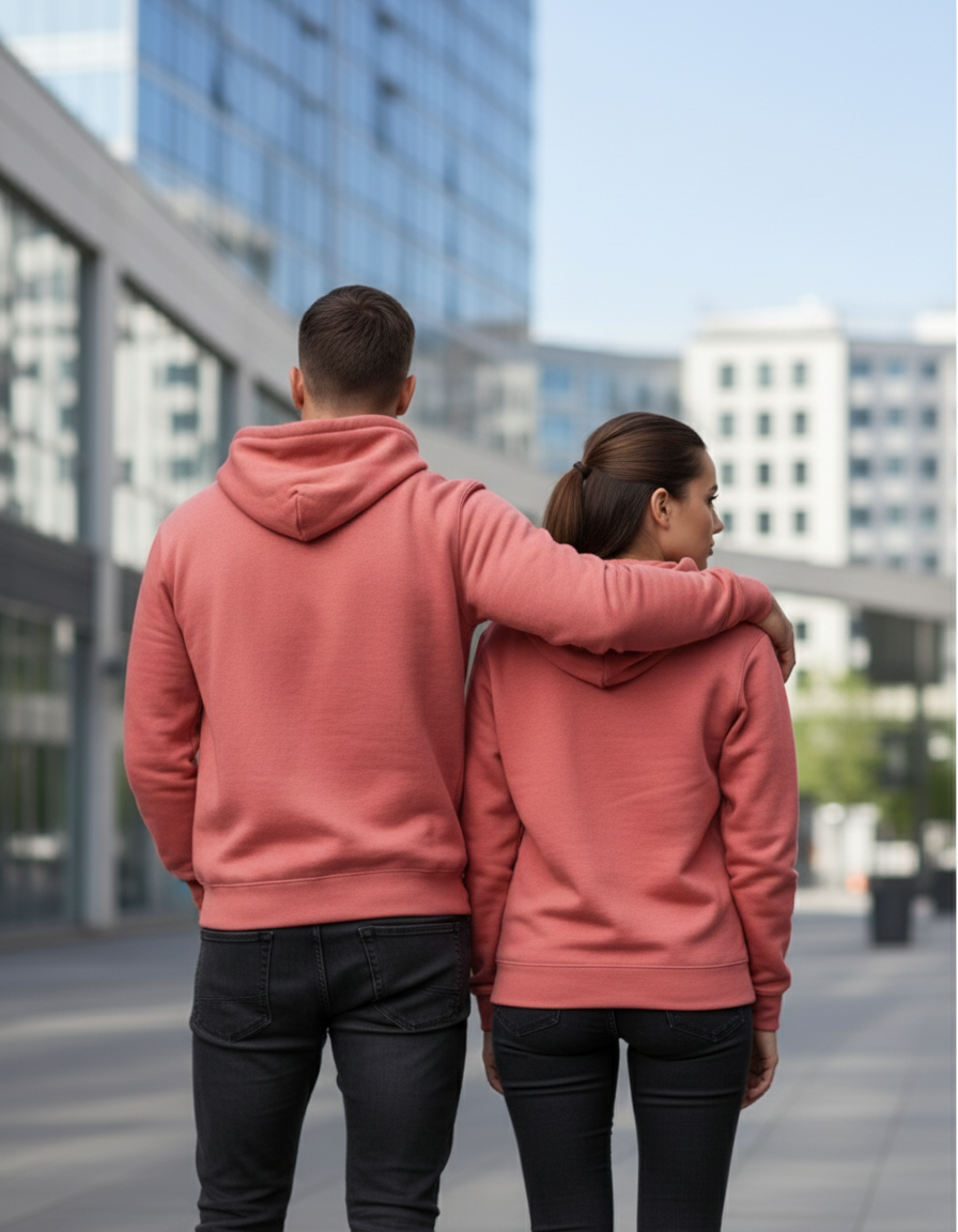 Back view of couple in coral hoodies in casual pose