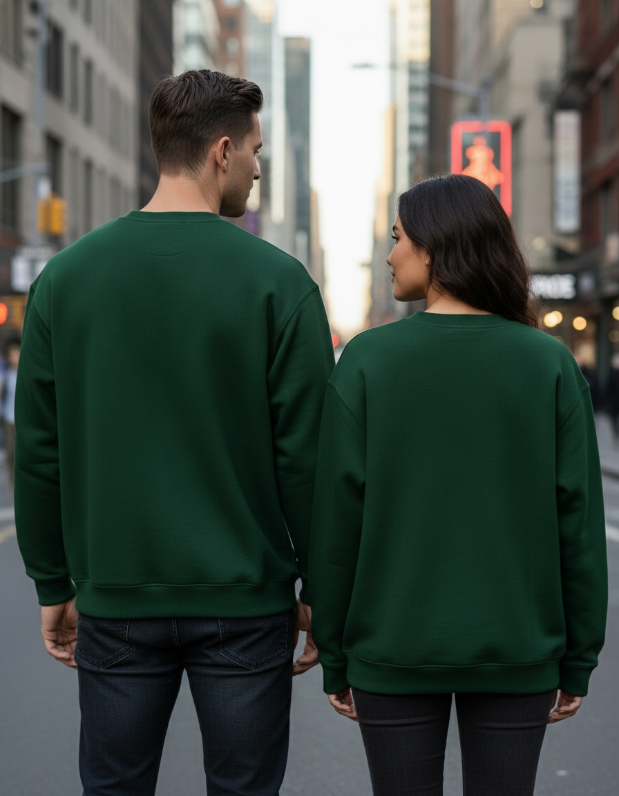 Back view of couple in forest green oversized sweatshirts
