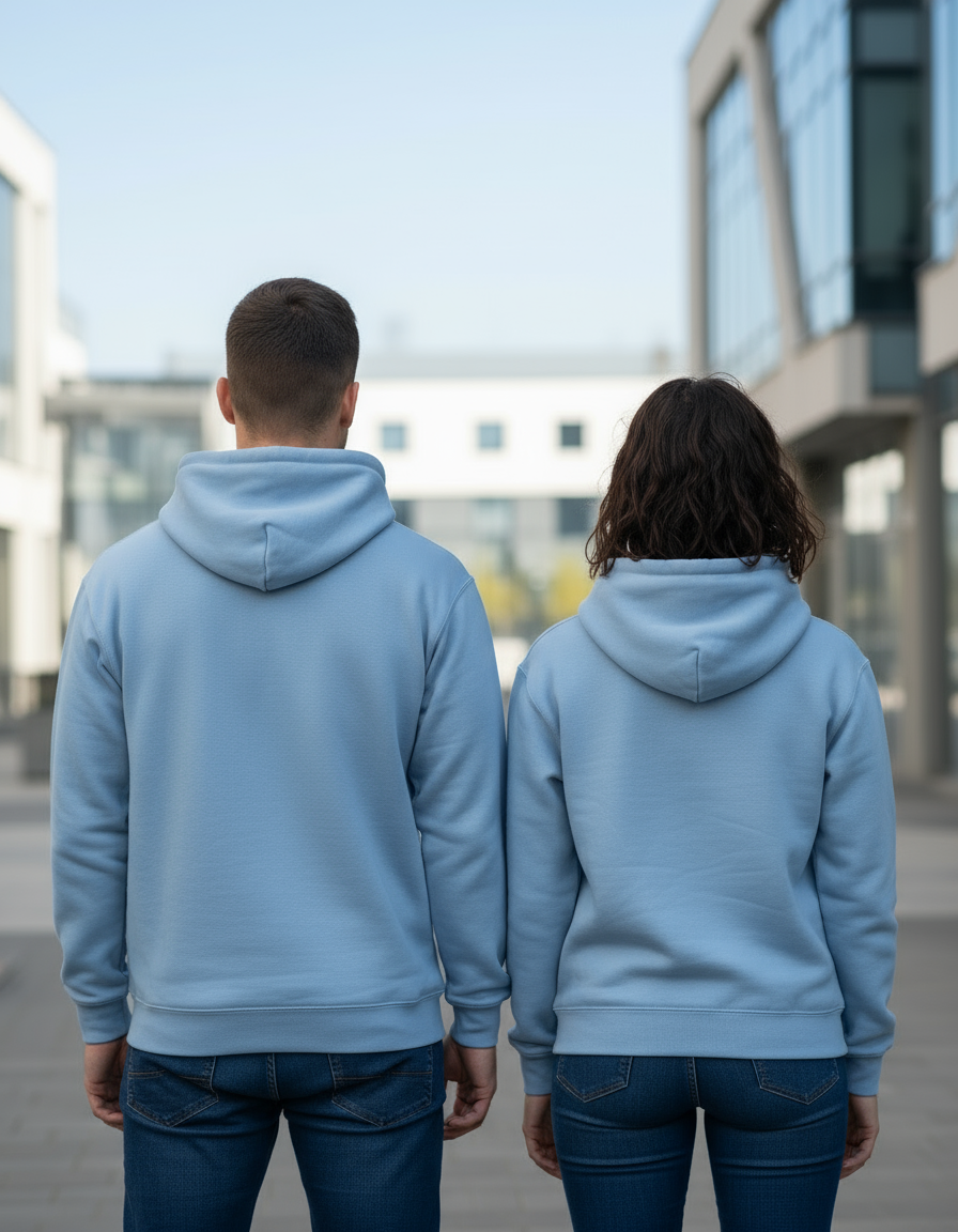 Back view of couple in light blue hoodies