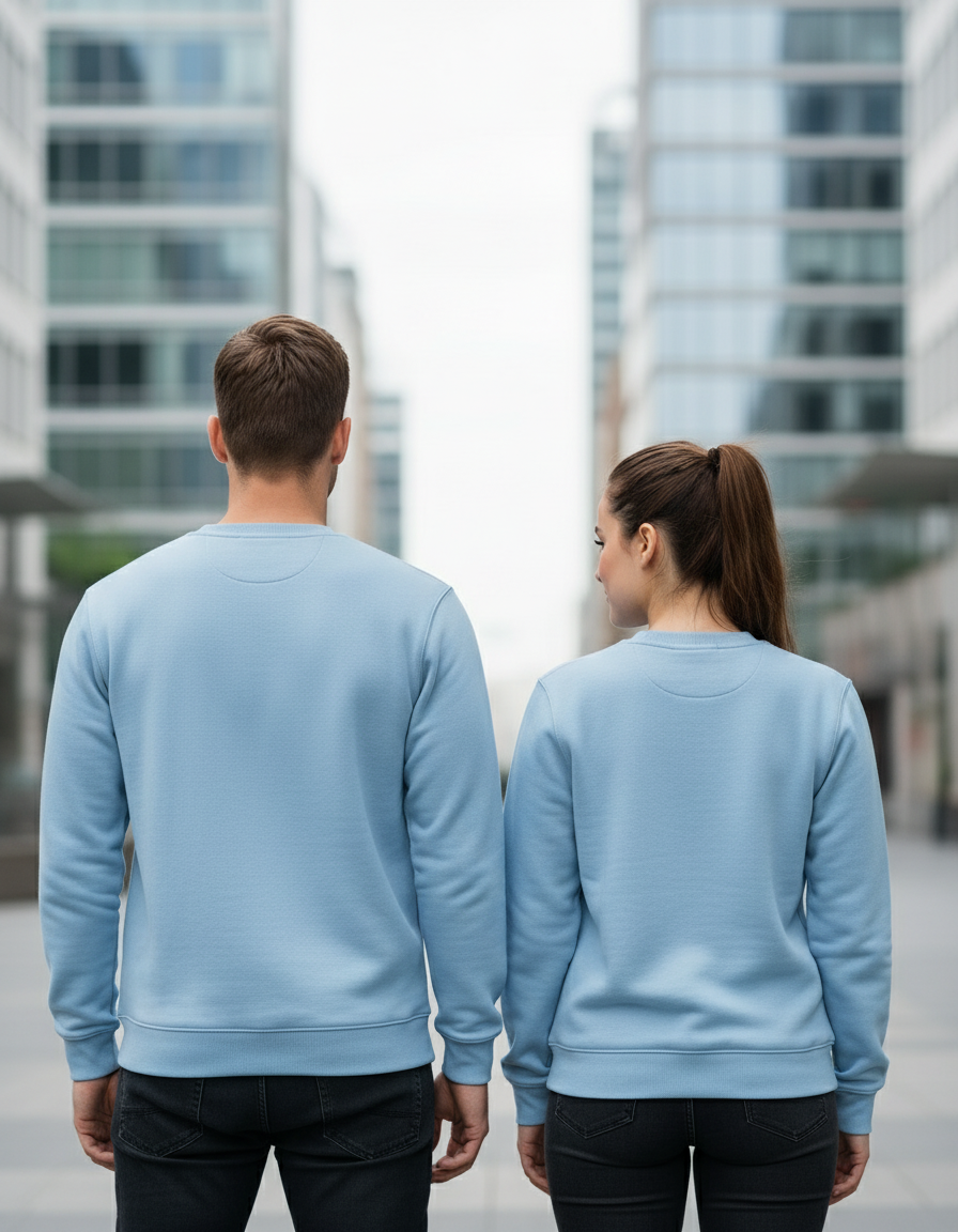 Back view of couple in light blue sweatshirts