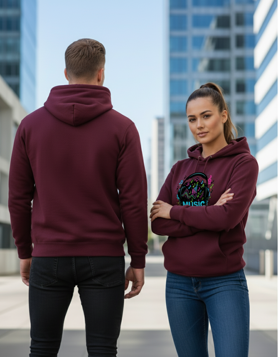 Back view of couple in maroon hoodies in dynamic pose