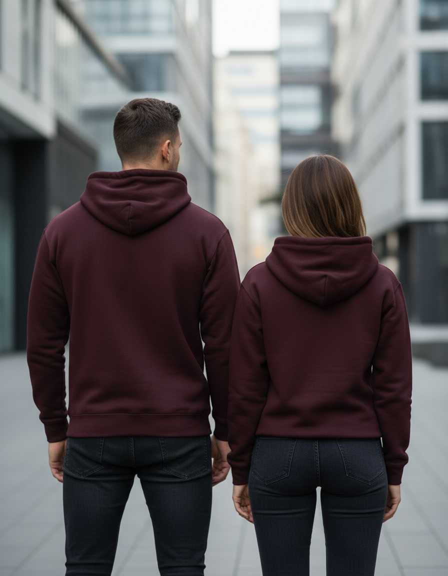 Back view of couple in maroon hoodies