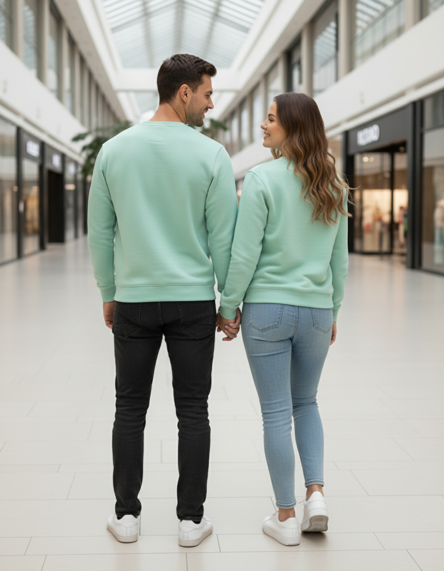 Back view of couple in mint green sweatshirts looking at each other