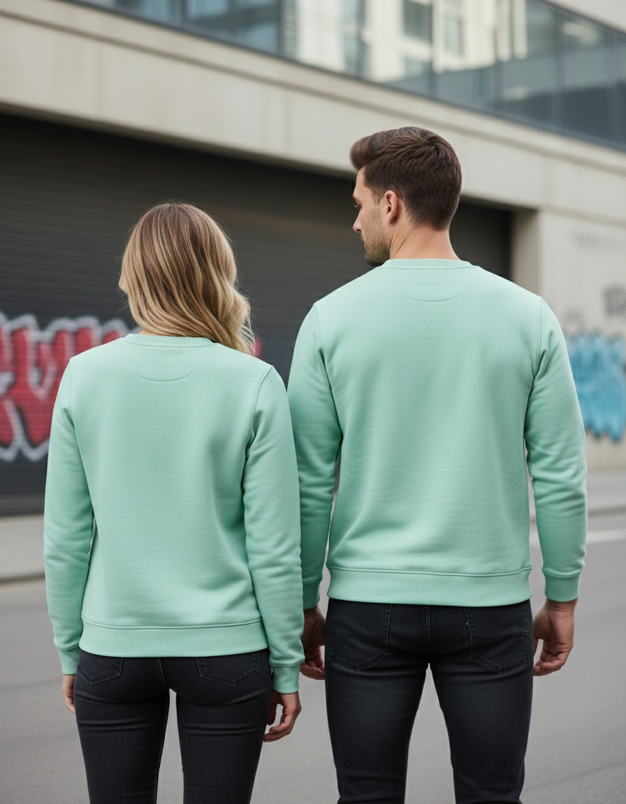 Back view of couple in mint green sweatshirts