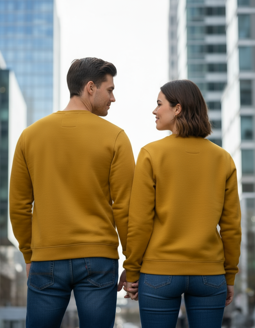 Back view of couple in mustard yellow sweatshirts looking at each other