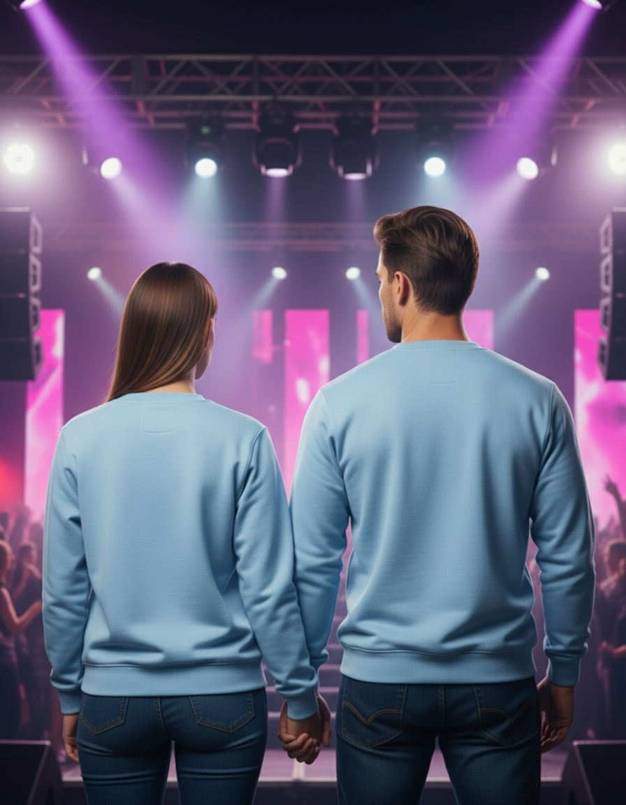 Back view of couple in plain sweatshirts holding hands