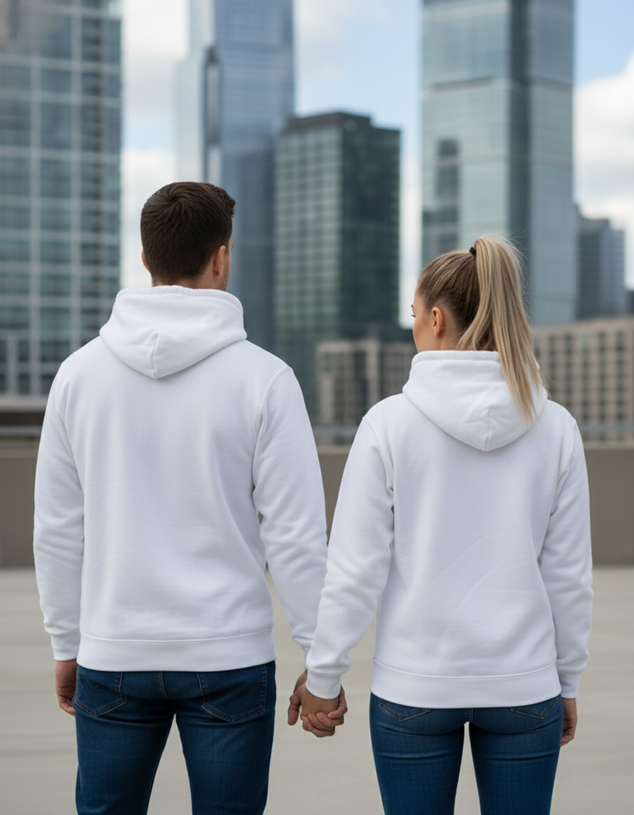 Back view of couple in plain white hoodies holding hands