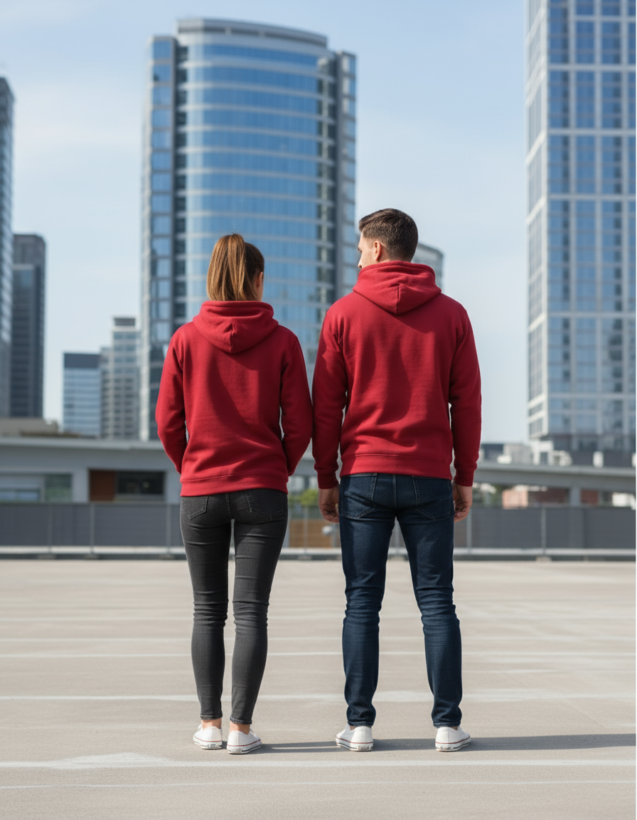 Back view of couple in red hoodies in casual pose