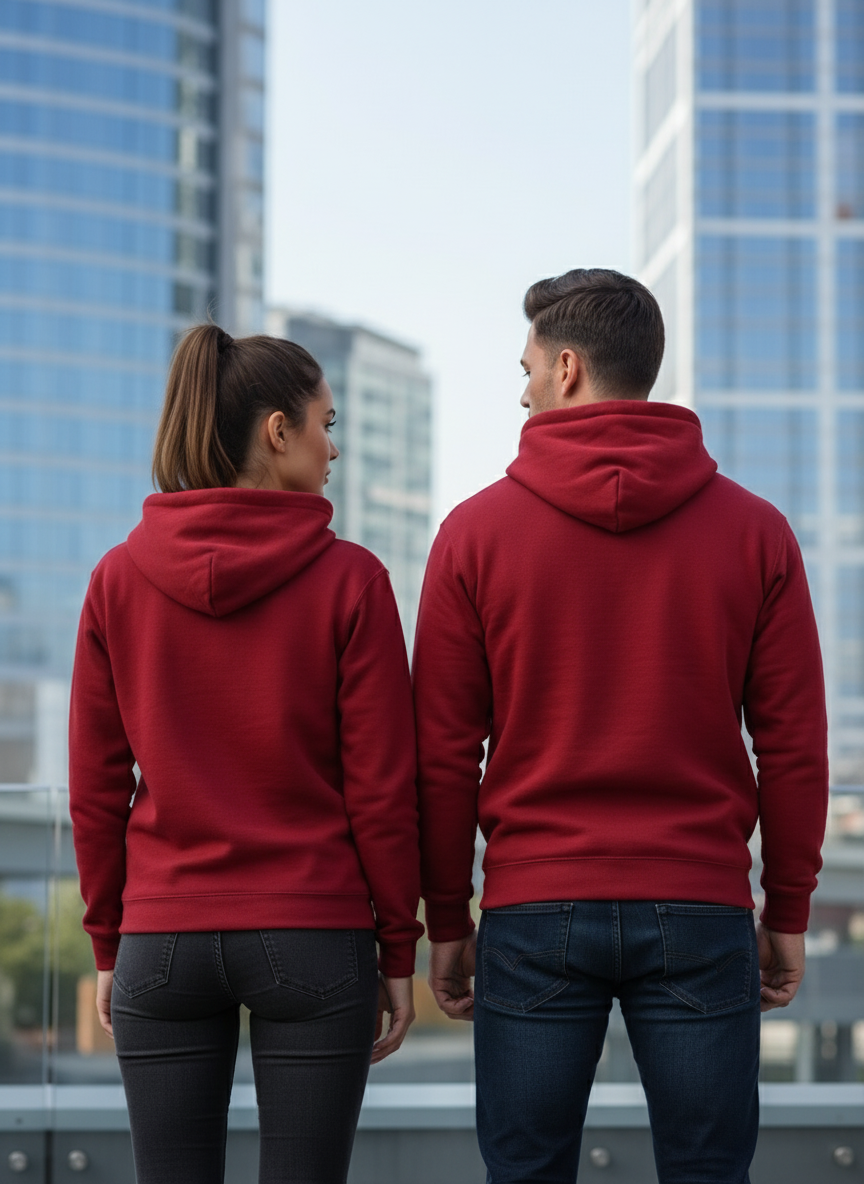 Back view of couple in red hoodies