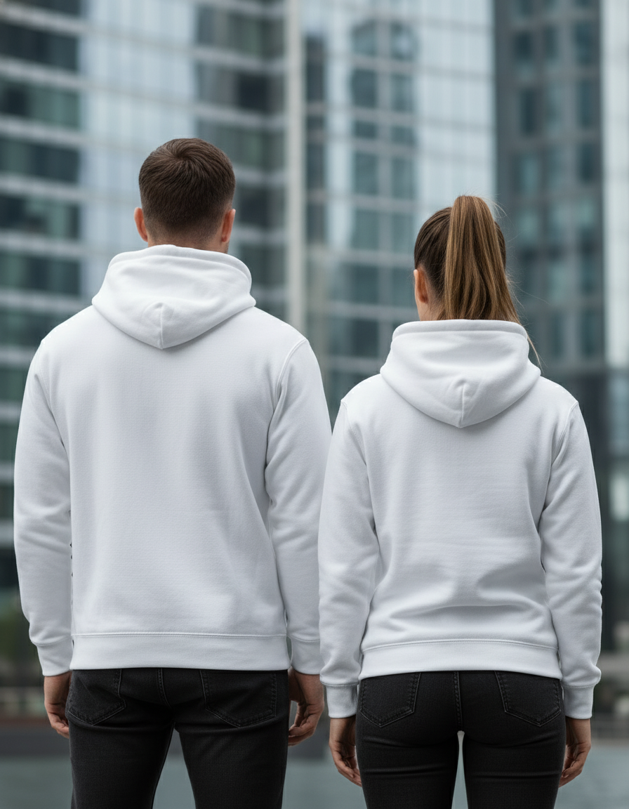 Back view of couple in white hoodies