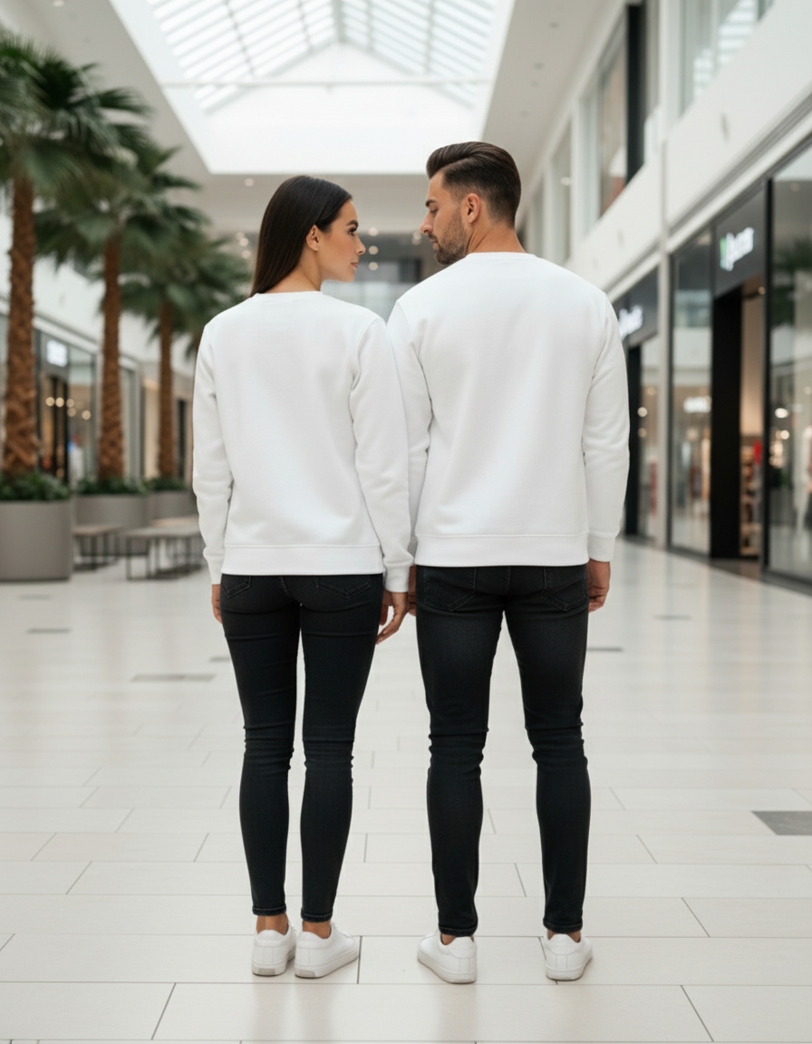 Back view of couple in white sweatshirts looking at each other