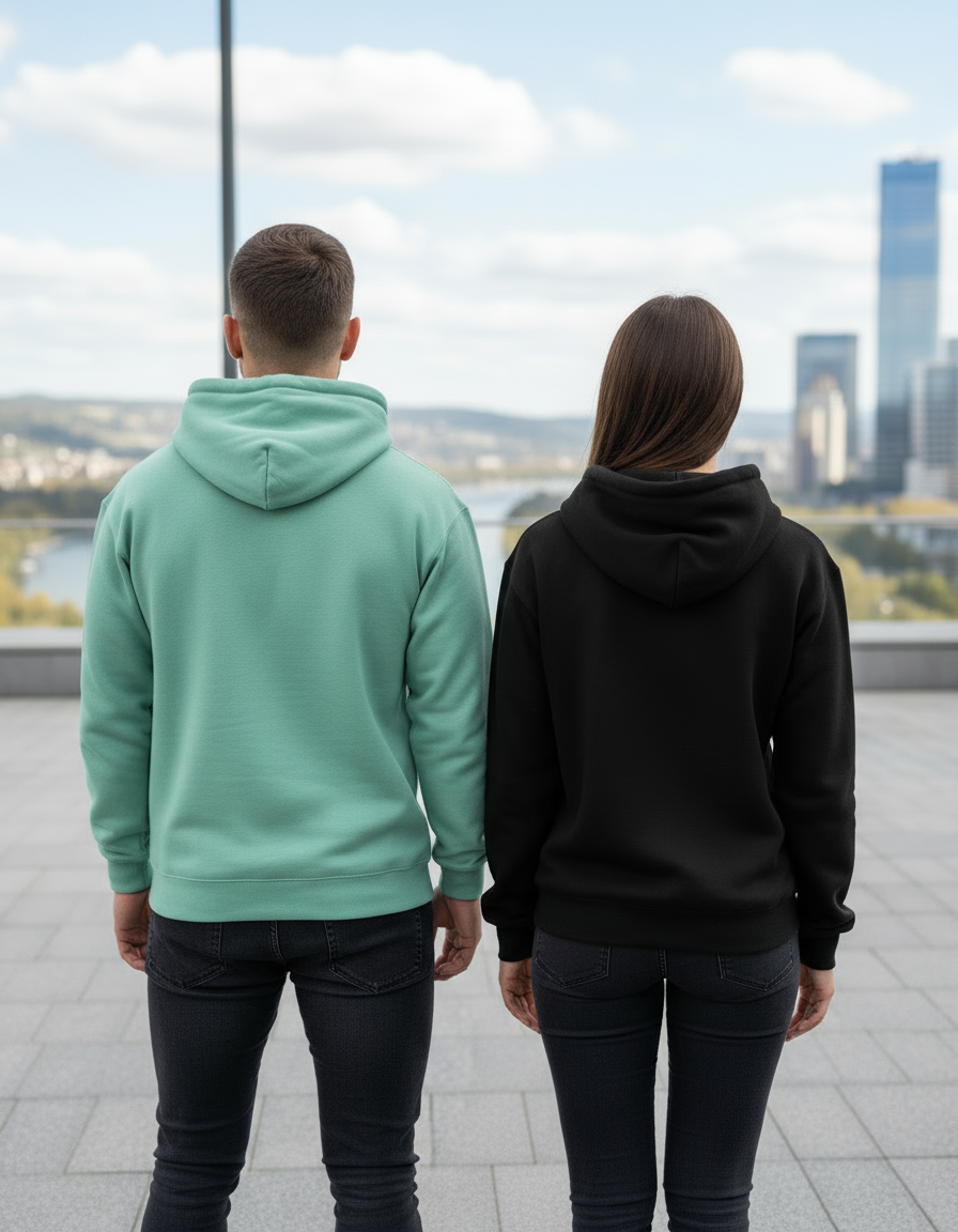 Back view of mint green and black hoodies