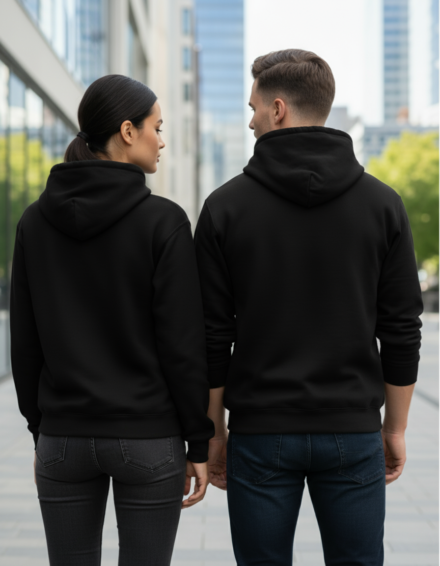 Back view of plain black hoodies